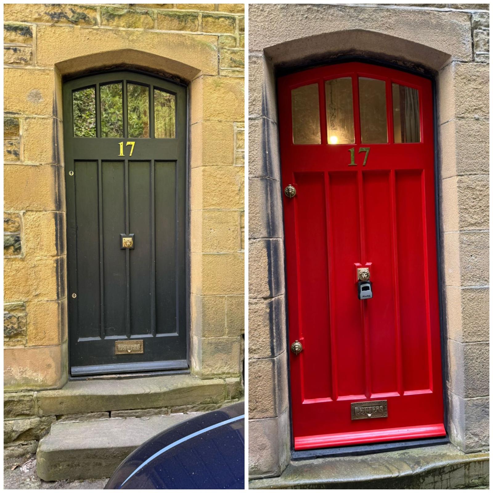 Before and after: an arched-top panelled front door stripped from dark green and repainted in bright red, set in a Yorkshire stone doorway