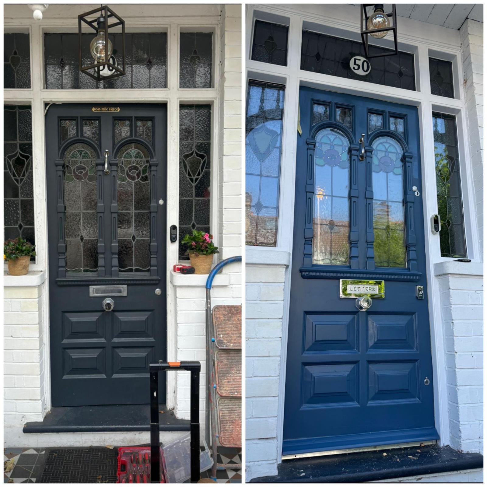 Before and after: an Edwardian front door with leaded stained-glass panels, stripped of grey paint and repainted in a deep blue