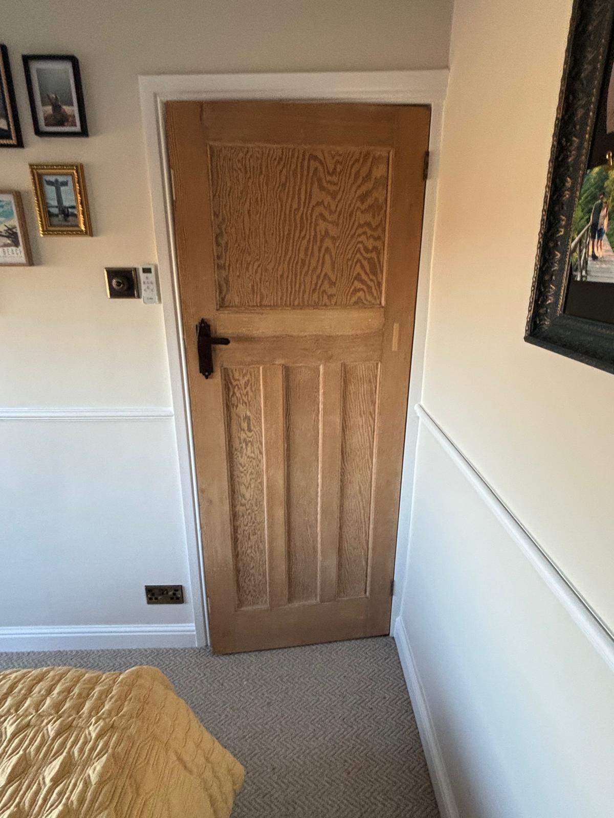 Before and after of a panelled front door stripped and refinished by Double Dipper Paint Strippers, Yorkshire