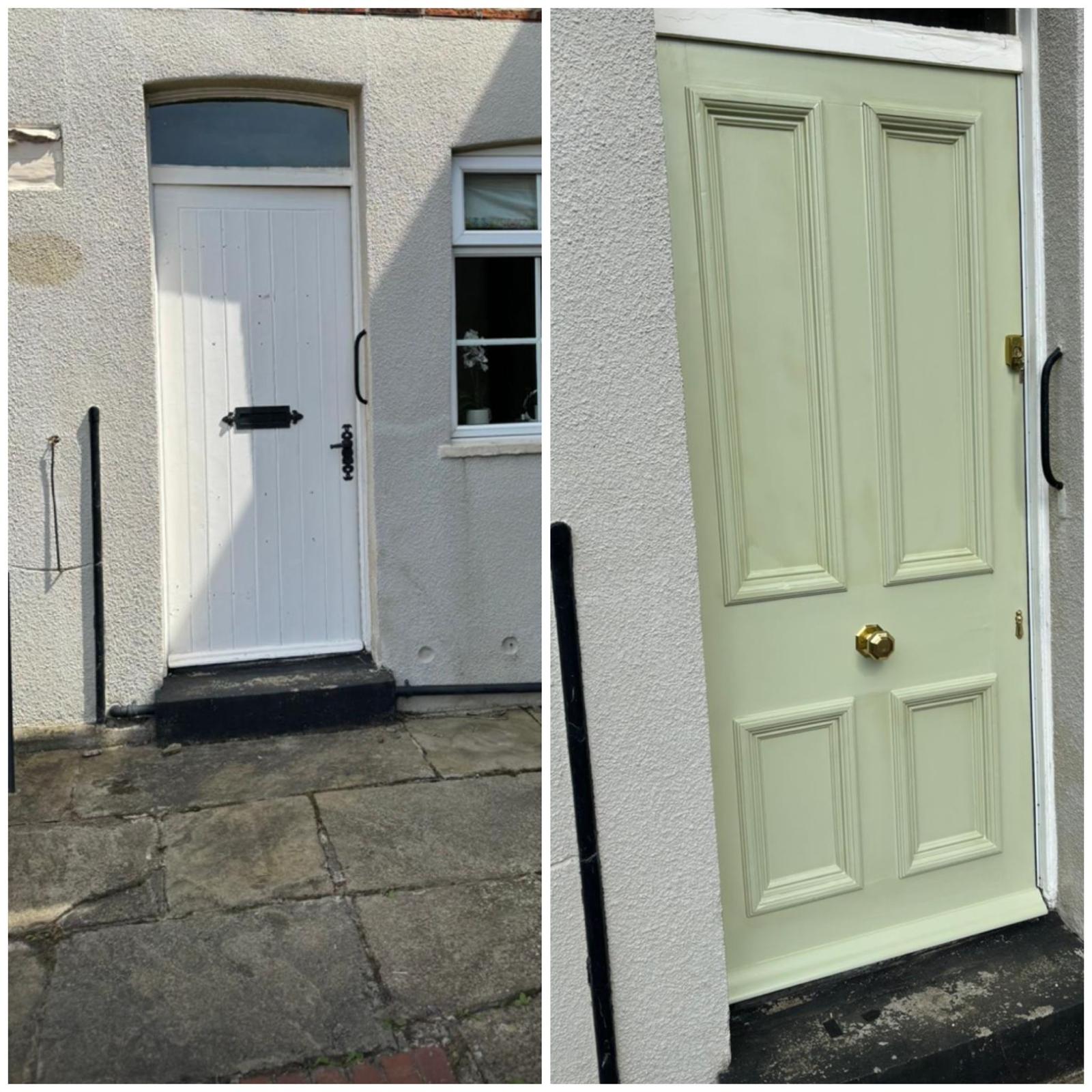 Before and after: a Yorkshire cottage front door stripped of old white paint and repainted in sage green with a four-panel finish and brass knob
