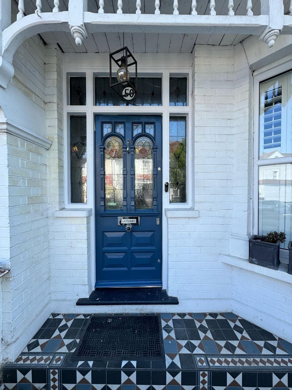 Before and after of a Victorian front door restoration, stripped back and repainted, by Double Dipper Paint Strippers in Yorkshire