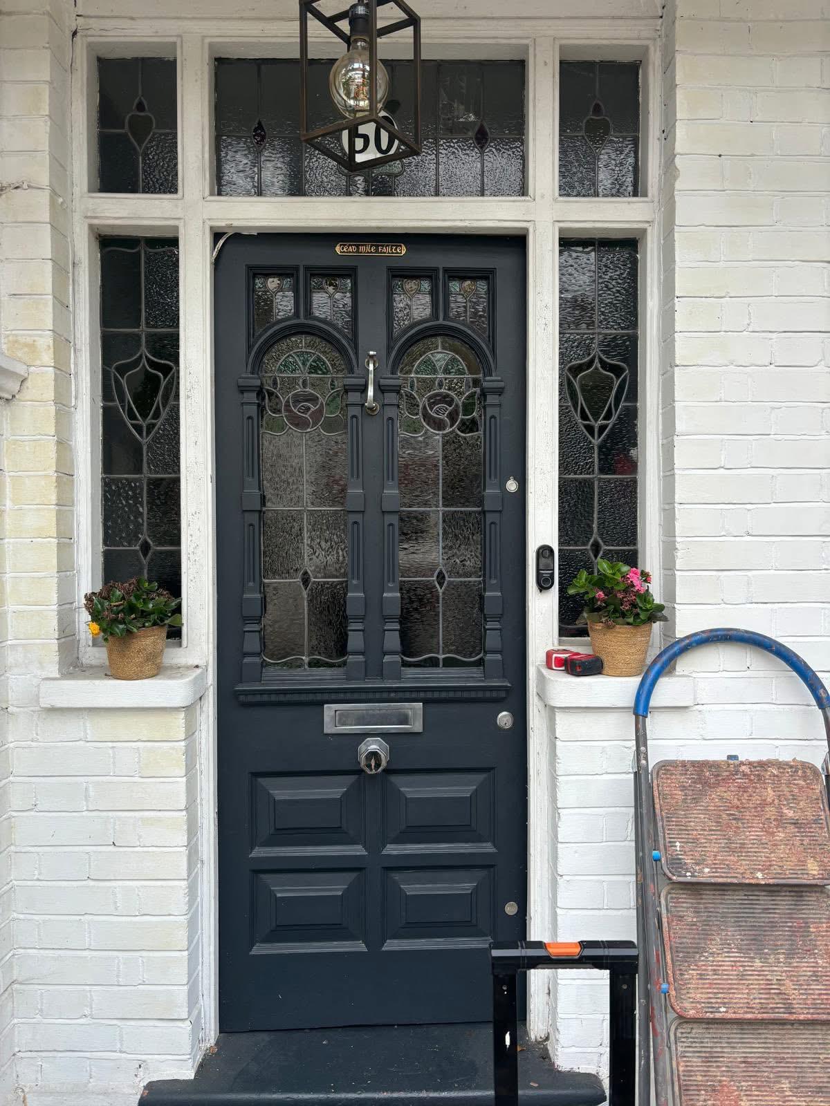 Before and after of a Victorian panelled door restoration carried out at the Crossley Mills workshop